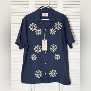 Folk Kota Men’s Linen Blend Shirt Navy Floral Short Sleeve Embroidered XL NWT
